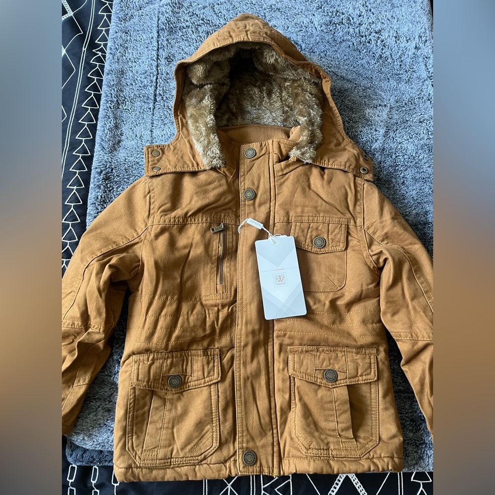 Kids Tan puffy Hooded Jacket.